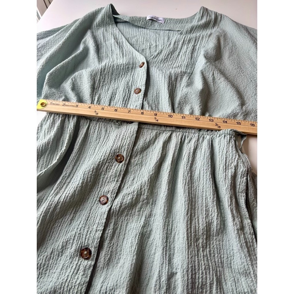 Calvin Klein Button-Down Shirtdress Balloon Sleeves Green Sz L Preppy Beach Work - Picture 6 of 13